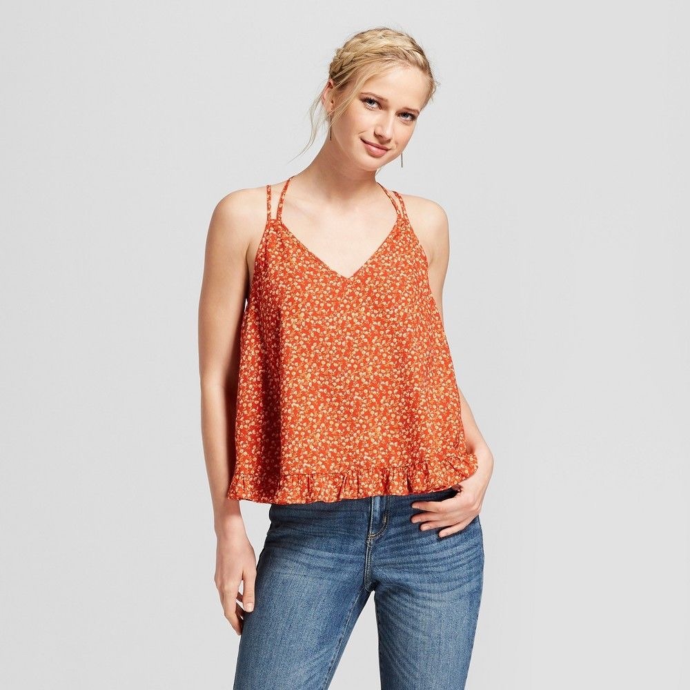 Floral Print Strappy Lace-Up Back Swing Tank - Xhilaration Sunwashed Red XXL NWT